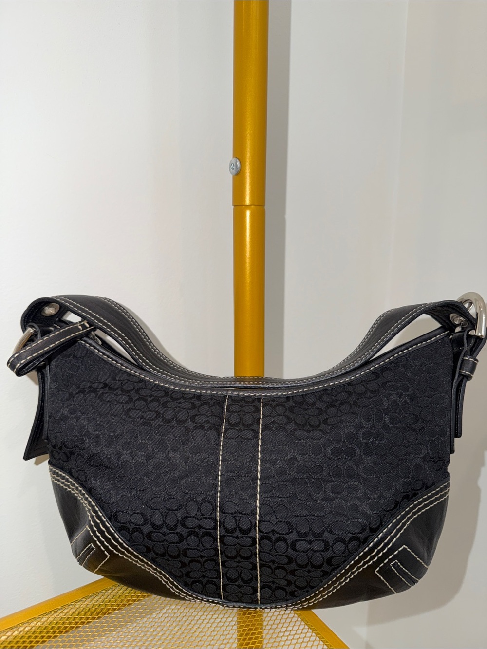 Coach Black Signature Jacquard Hobo with White Contrast Stitching